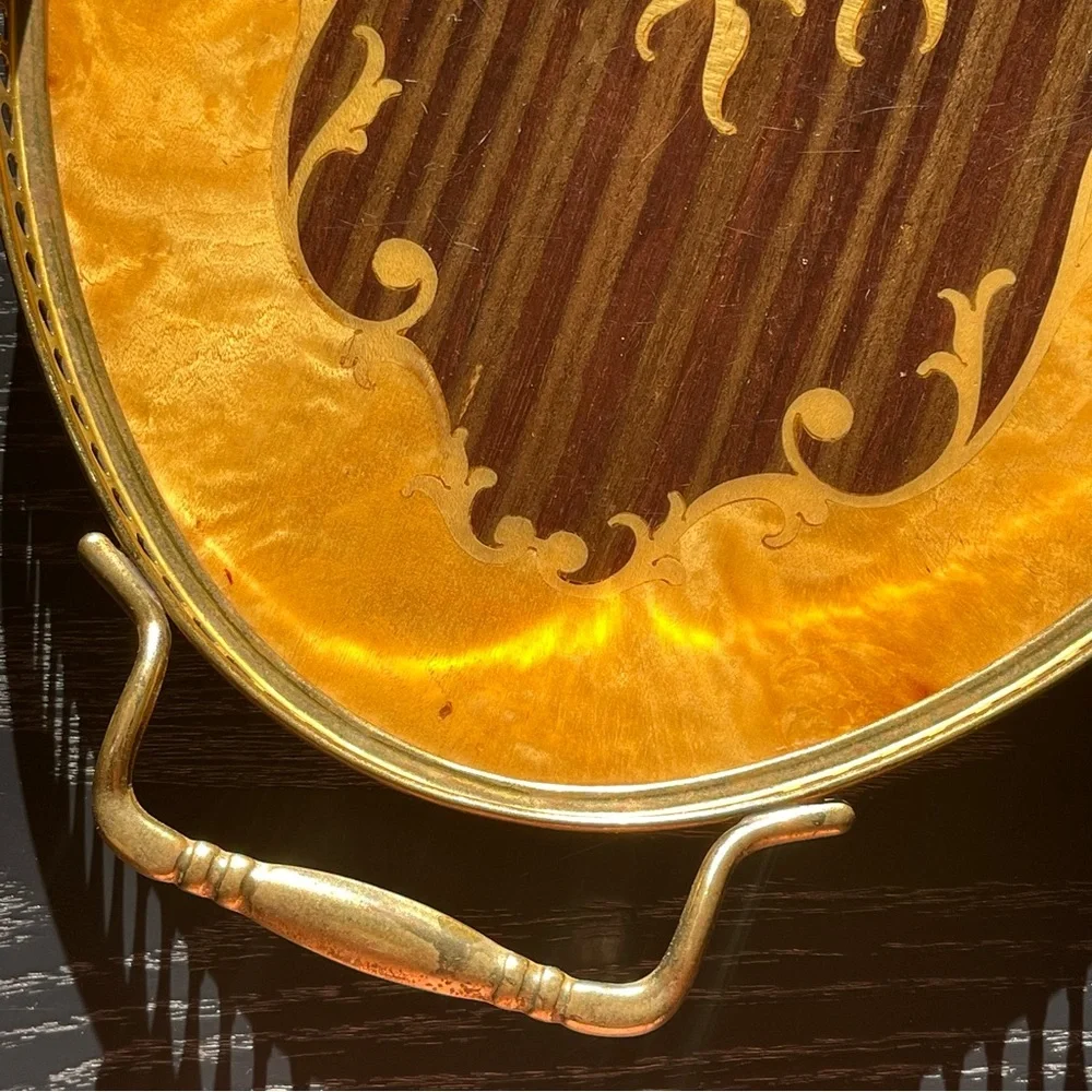 Monumental Italian Marquetry Inlay Serving Tray Oval from Jerusalem